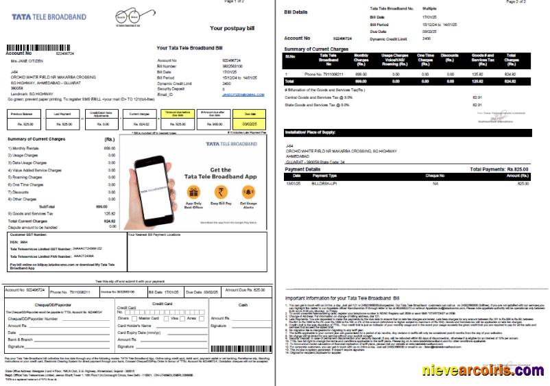 India Tata Tele Broadband utility bill, 2 pages